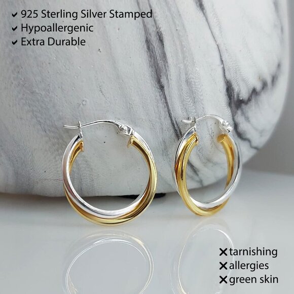 925 Sterling Silver Two-Tone Intertwining Round Double Square-Tube Hoop Earrings - Picture 6 of 6
